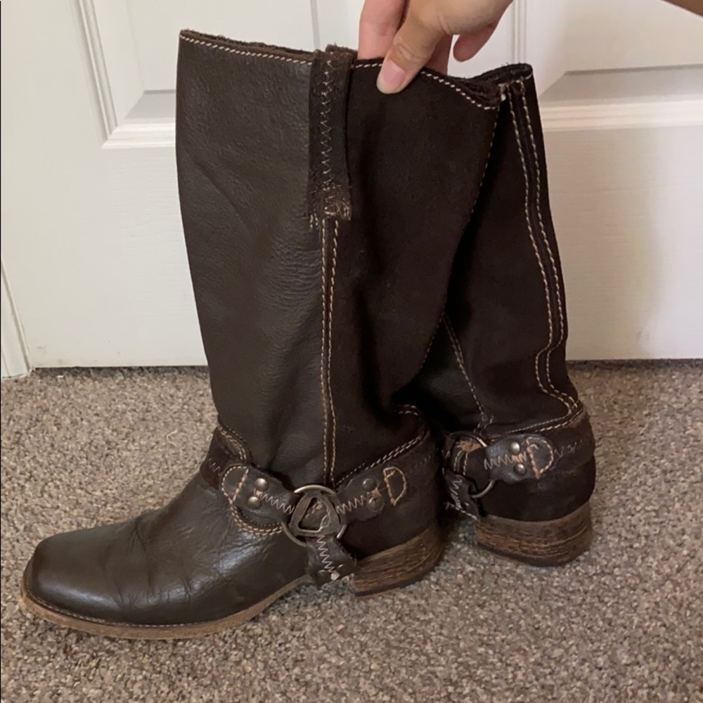 Dark Brown Leather Boots With Contrast Stitch